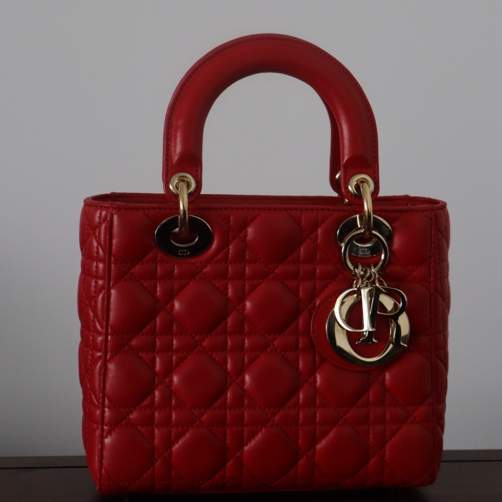 Authentic Lady Dior Small Red Lambskin Bag with Gold Hardware